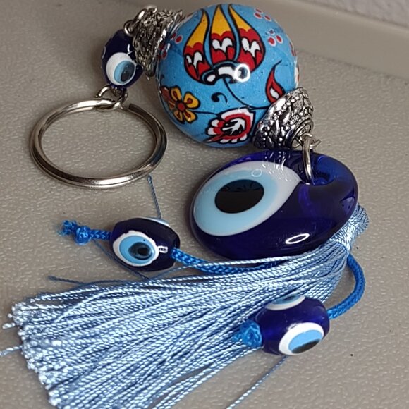 Colorful Heavy Blue Eyeball And Tassel Keychain - Picture 1 of 7